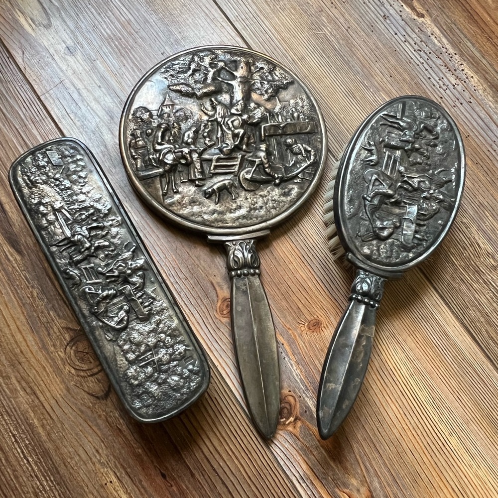 Collectible Hans Jensen Denmark - Vintage Silver Plated Brushes & Mirror